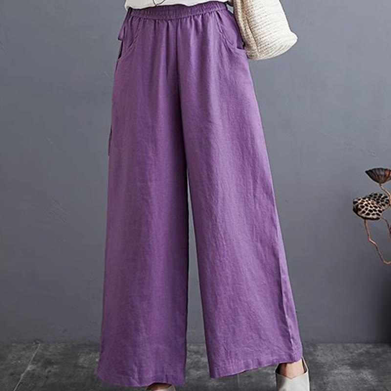 Pantalones anchos de lino y algodón de cintura alta para mujer con diseño simple y puro de Buddha Stones y bolsillos - image 14