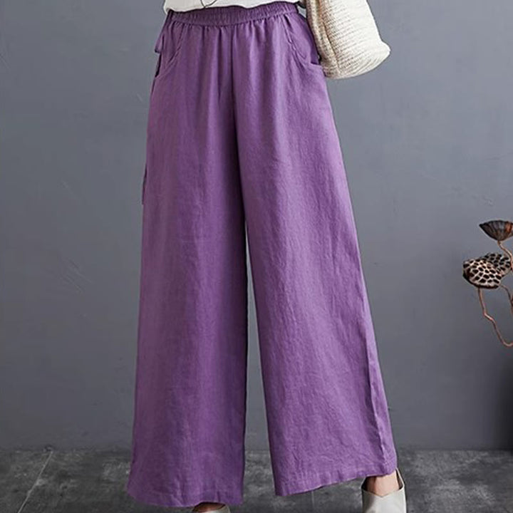 Pantalones anchos de lino y algodón de cintura alta para mujer con diseño simple y puro de Buddha Stones y bolsillos - image 14