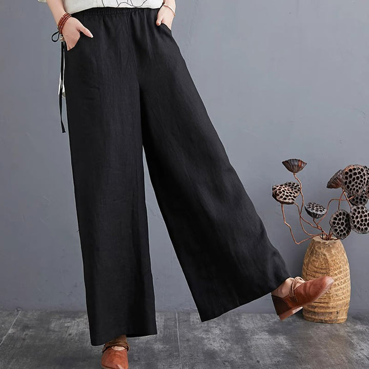 Pantalones anchos de lino y algodón de cintura alta para mujer con diseño simple y puro de Buddha Stones y bolsillos - image 29
