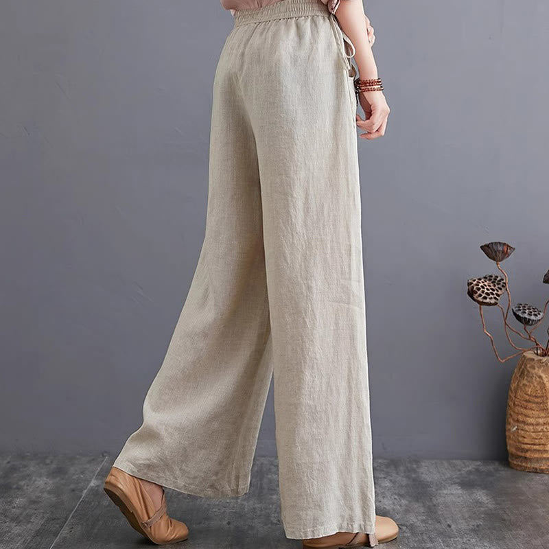 Pantalones anchos de lino y algodón de cintura alta para mujer con diseño simple y puro de Buddha Stones y bolsillos - image 21