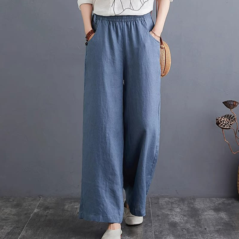 Pantalones anchos de lino y algodón de cintura alta para mujer con diseño simple y puro de Buddha Stones y bolsillos - image 3