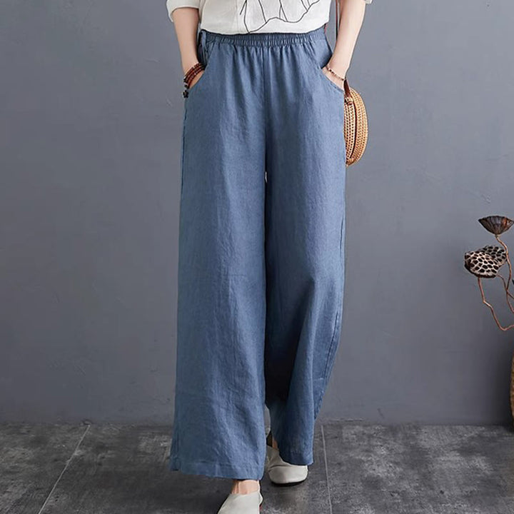 Pantalones anchos de lino y algodón de cintura alta para mujer con diseño simple y puro de Buddha Stones y bolsillos - image 3