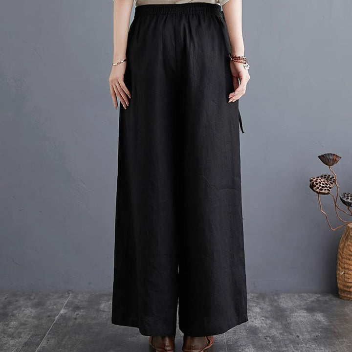 Pantalones anchos de lino y algodón de cintura alta para mujer con diseño simple y puro de Buddha Stones y bolsillos - image 30