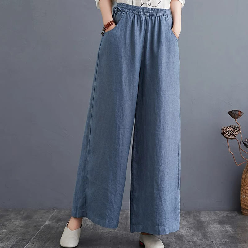 Pantalones anchos de lino y algodón de cintura alta para mujer con diseño simple y puro de Buddha Stones y bolsillos - image 5