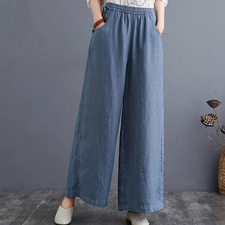 Pantalones anchos de lino y algodón de cintura alta para mujer con diseño simple y puro de Buddha Stones y bolsillos - image 5
