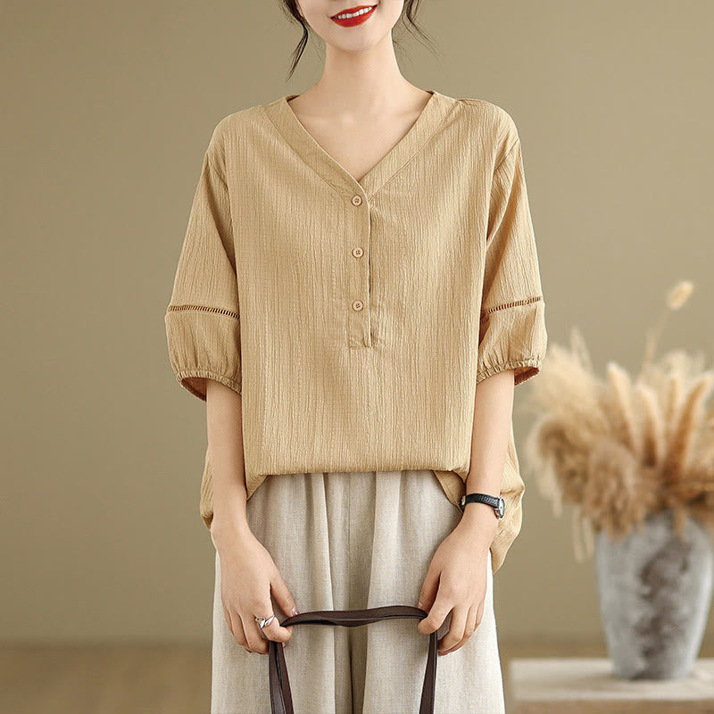 Camiseta de verano informal con cuello en V y mangas abullonadas de Buddha Stones para mujer