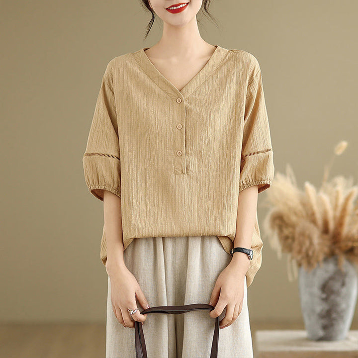 Camiseta de verano informal con cuello en V y mangas abullonadas de Buddha Stones para mujer