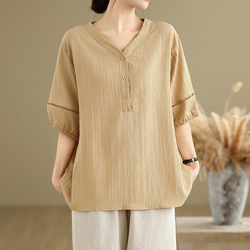 Camiseta de verano informal con cuello en V y mangas abullonadas de Buddha Stones para mujer