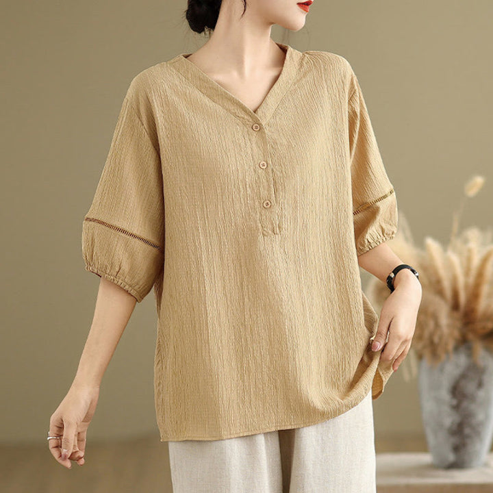 Camiseta de verano informal con cuello en V y mangas abullonadas de Buddha Stones para mujer
