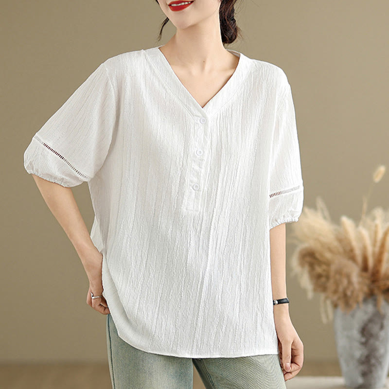 Camiseta de verano informal con cuello en V y mangas abullonadas de Buddha Stones para mujer