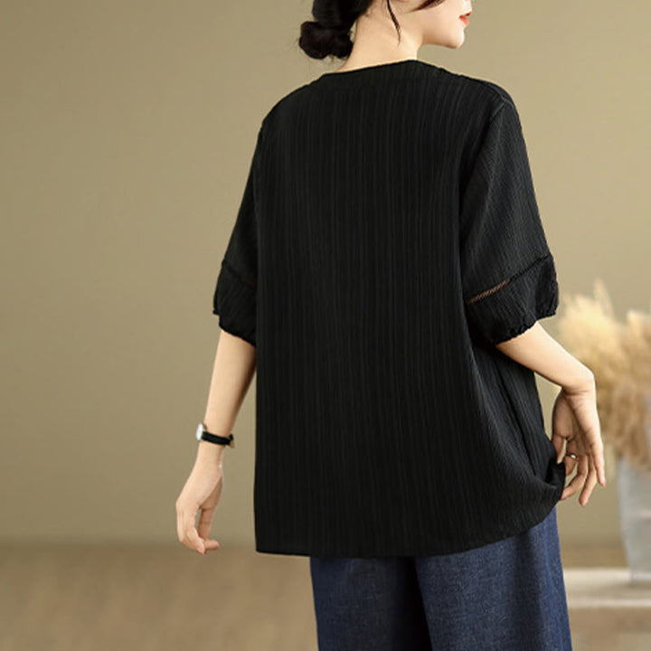 Camiseta de verano informal con cuello en V y mangas abullonadas de Buddha Stones para mujer
