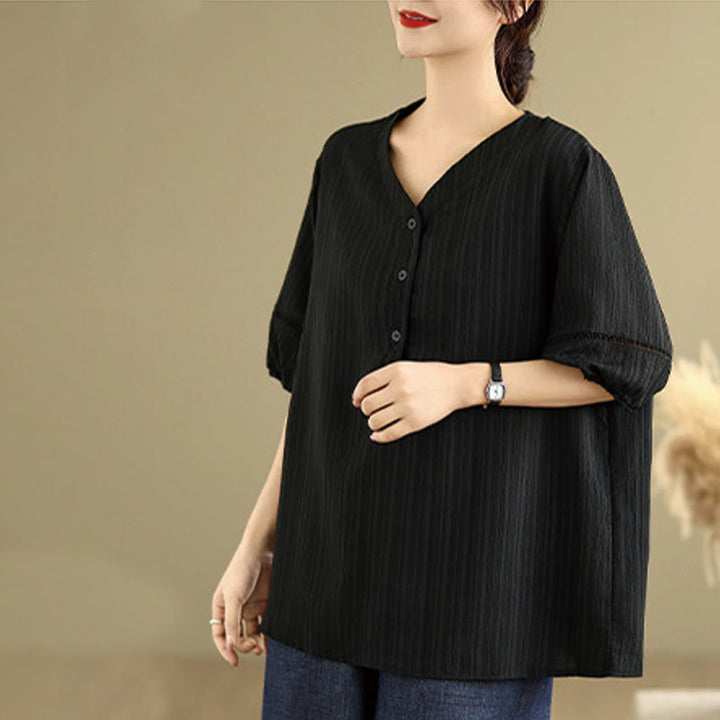 Camiseta de verano informal con cuello en V y mangas abullonadas de Buddha Stones para mujer