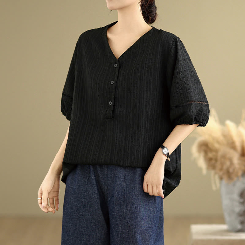 Camiseta de verano informal con cuello en V y mangas abullonadas de Buddha Stones para mujer