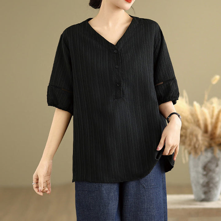 Camiseta de verano informal con cuello en V y mangas abullonadas de Buddha Stones para mujer