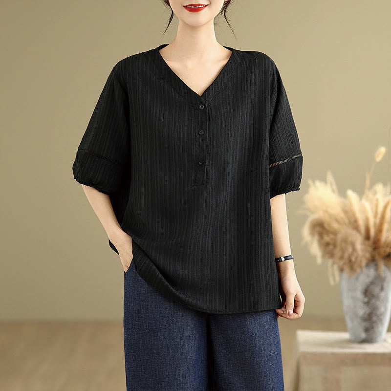 Camiseta de verano informal con cuello en V y mangas abullonadas de Buddha Stones para mujer