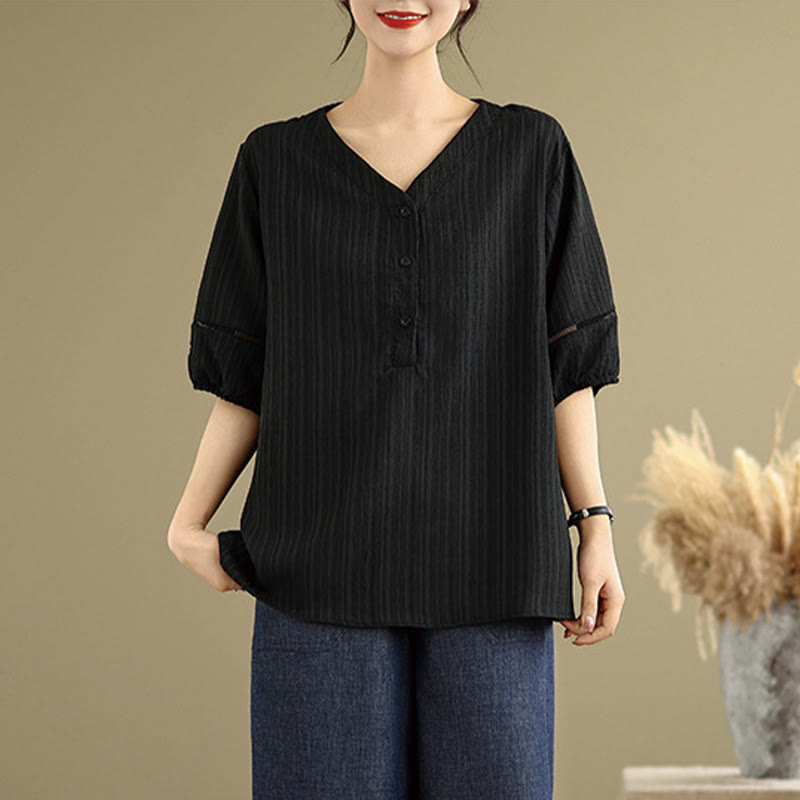 Camiseta de verano informal con cuello en V y mangas abullonadas de Buddha Stones para mujer