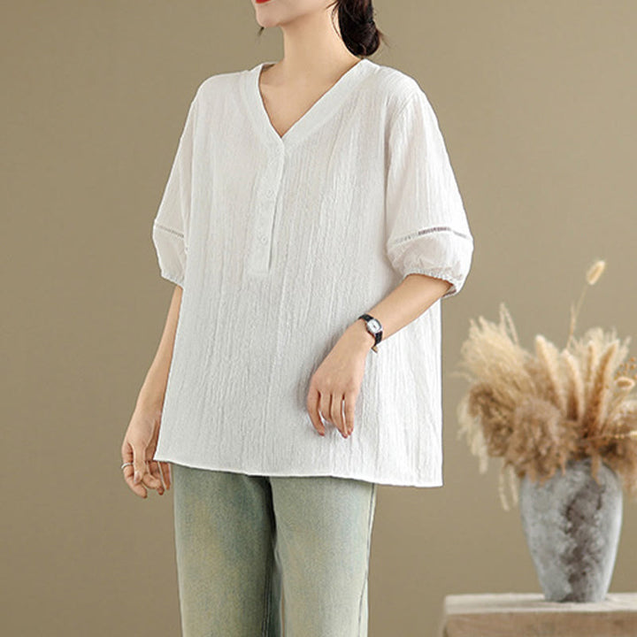 Camiseta de verano informal con cuello en V y mangas abullonadas de Buddha Stones para mujer