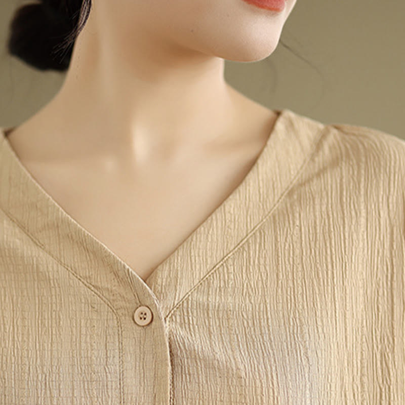 Camiseta de verano informal con cuello en V y mangas abullonadas de Buddha Stones para mujer