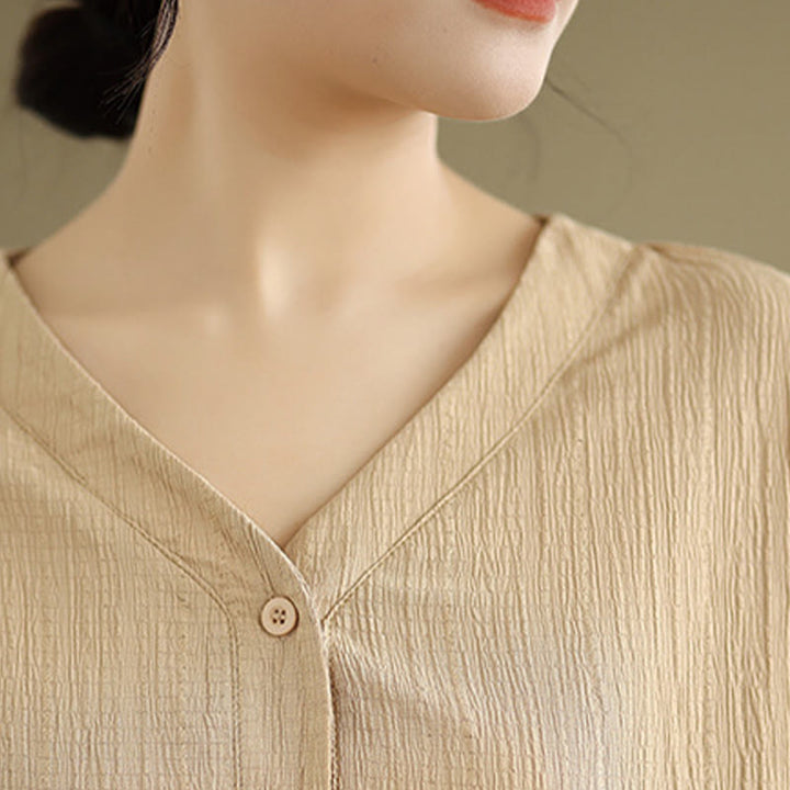Camiseta de verano informal con cuello en V y mangas abullonadas de Buddha Stones para mujer