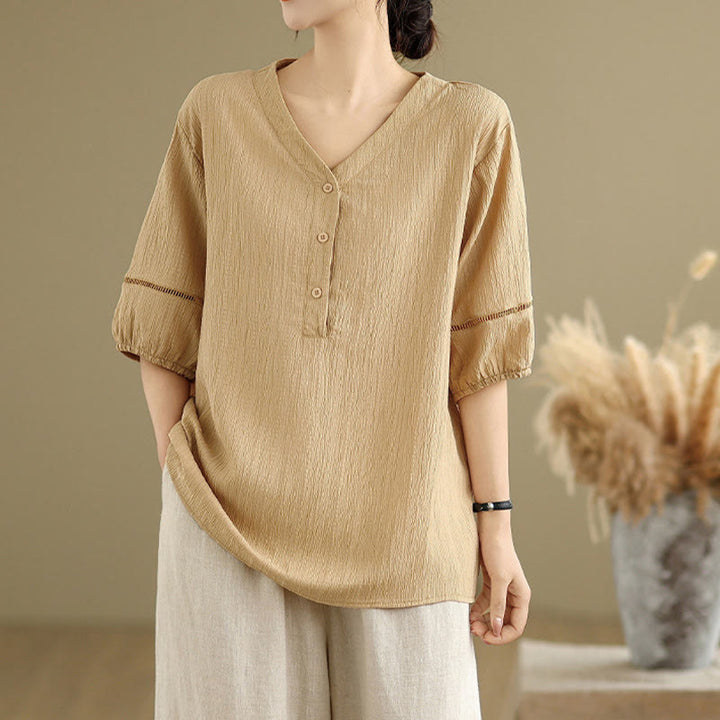 Camiseta de verano informal con cuello en V y mangas abullonadas de Buddha Stones para mujer