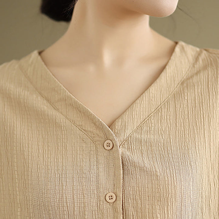 Camiseta de verano informal con cuello en V y mangas abullonadas de Buddha Stones para mujer