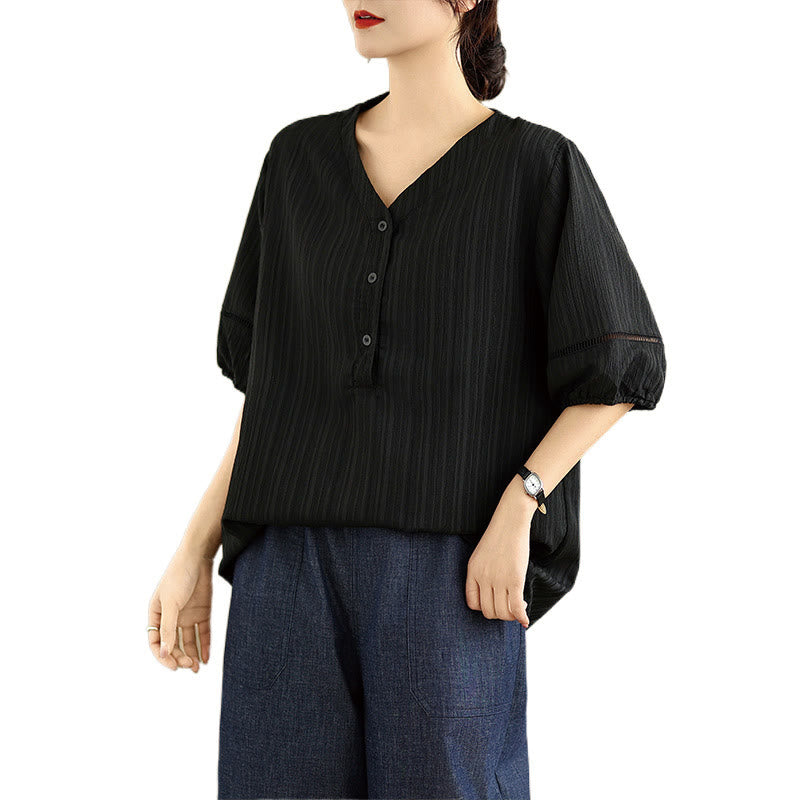 Camiseta de verano informal con cuello en V y mangas abullonadas de Buddha Stones para mujer