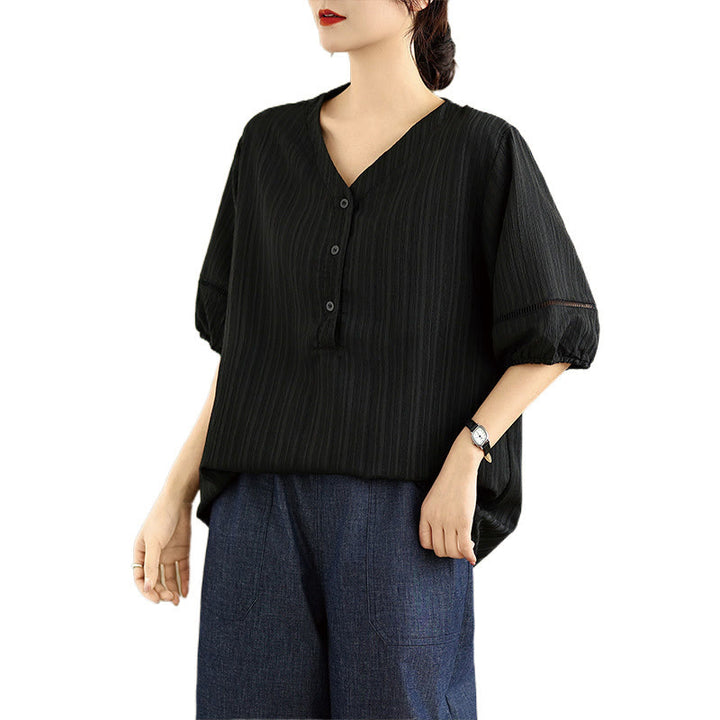 Camiseta de verano informal con cuello en V y mangas abullonadas de Buddha Stones para mujer