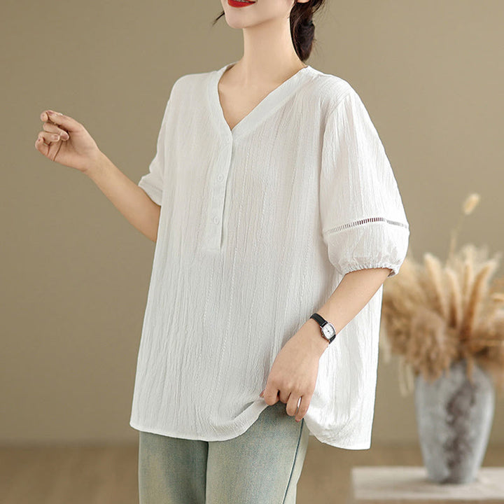 Camiseta de verano informal con cuello en V y mangas abullonadas de Buddha Stones para mujer