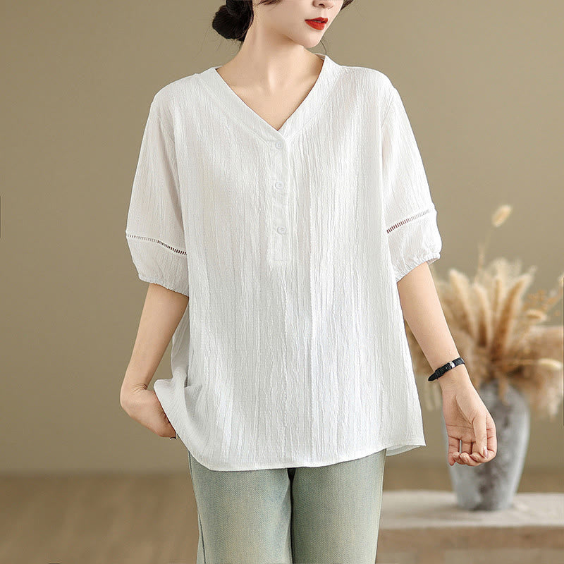 Camiseta de verano informal con cuello en V y mangas abullonadas de Buddha Stones para mujer