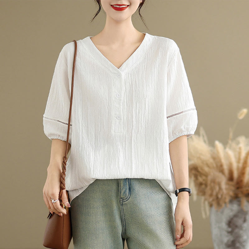 Camiseta de verano informal con cuello en V y mangas abullonadas de Buddha Stones para mujer