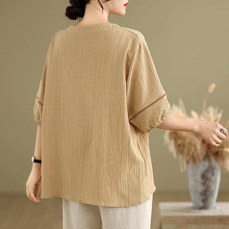 Camiseta de verano informal con cuello en V y mangas abullonadas de Buddha Stones para mujer