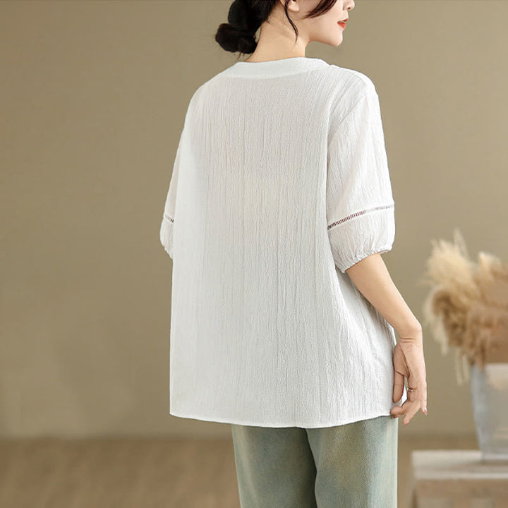 Camiseta de verano informal con cuello en V y mangas abullonadas de Buddha Stones para mujer