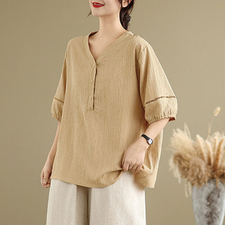 Camiseta de verano informal con cuello en V y mangas abullonadas de Buddha Stones para mujer