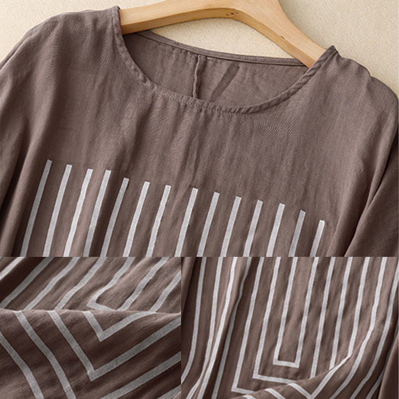 Buddha Stones Camiseta de lino y algodón de manga corta con estampado de líneas informales para mujer - image 21