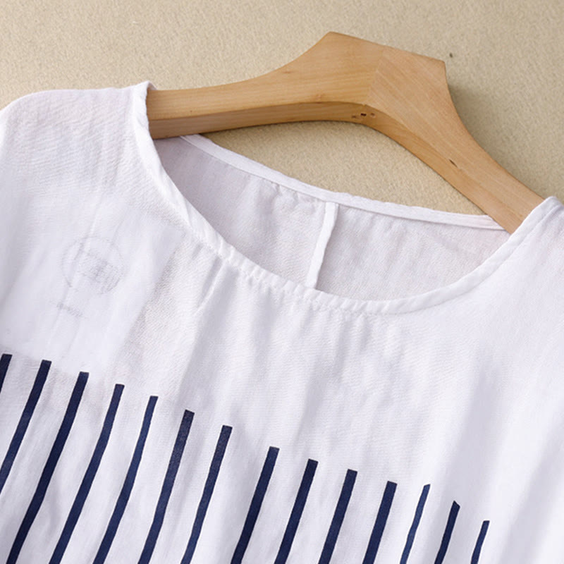 Buddha Stones Camiseta de lino y algodón de manga corta con estampado de líneas informales para mujer - image 13