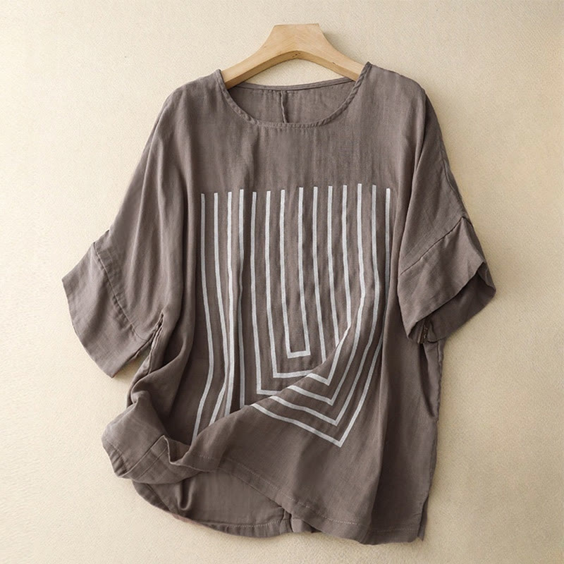 Buddha Stones Camiseta de lino y algodón de manga corta con estampado de líneas informales para mujer - Marrón rosado - US12, UK/AU16, EU44 (2XL) - image 18