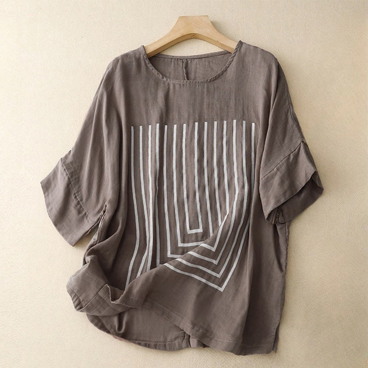 Buddha Stones Camiseta de lino y algodón de manga corta con estampado de líneas informales para mujer - Marrón rosado - US12, UK/AU16, EU44 (2XL) - image 18