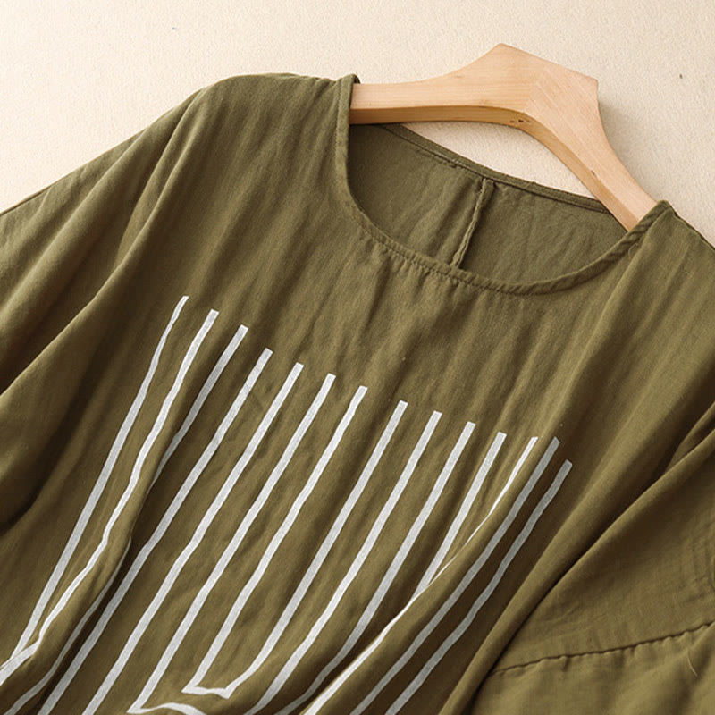 Buddha Stones Camiseta de lino y algodón de manga corta con estampado de líneas informales para mujer - image 1