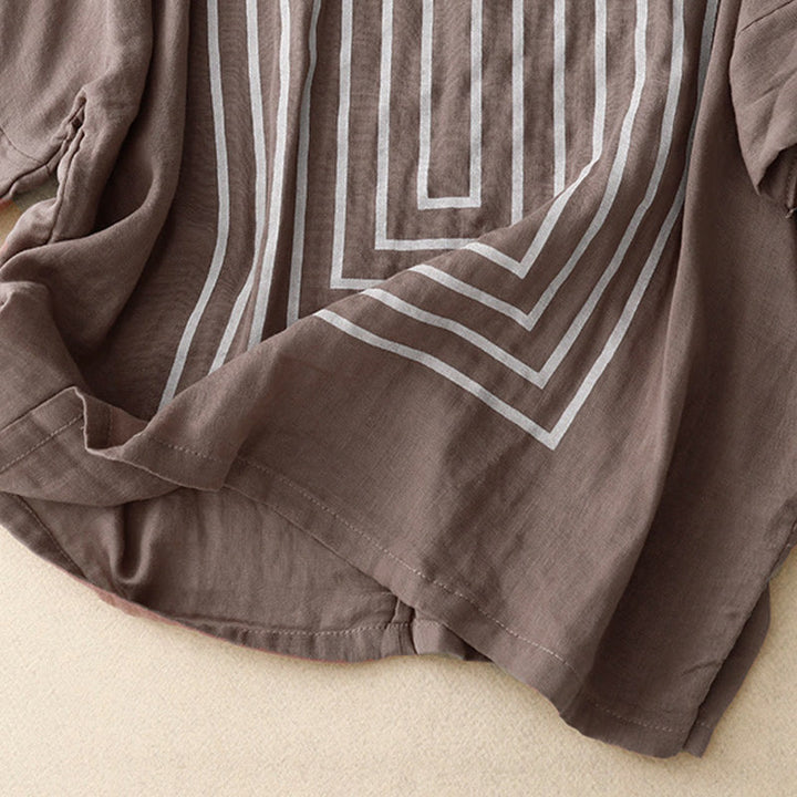 Buddha Stones Camiseta de lino y algodón de manga corta con estampado de líneas informales para mujer - image 20