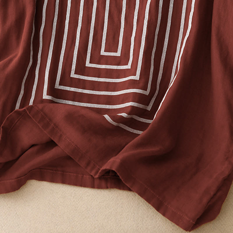 Buddha Stones Camiseta de lino y algodón de manga corta con estampado de líneas informales para mujer - image 10