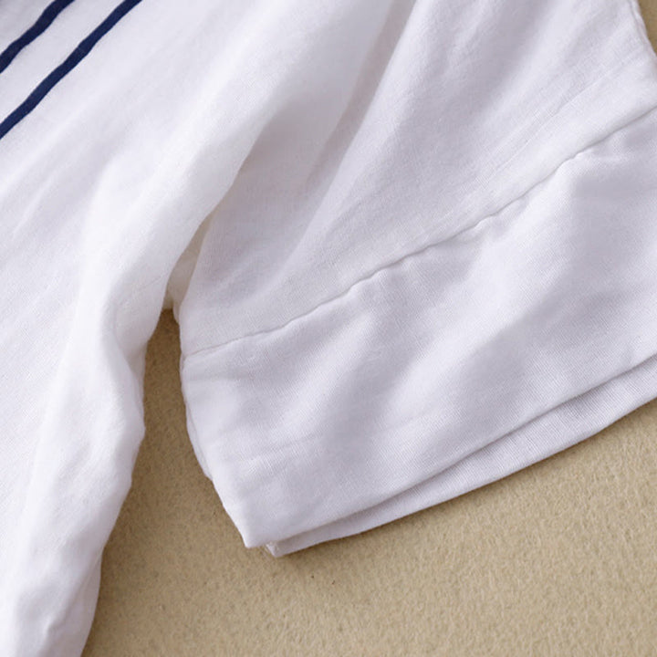 Buddha Stones Camiseta de lino y algodón de manga corta con estampado de líneas informales para mujer - image 16