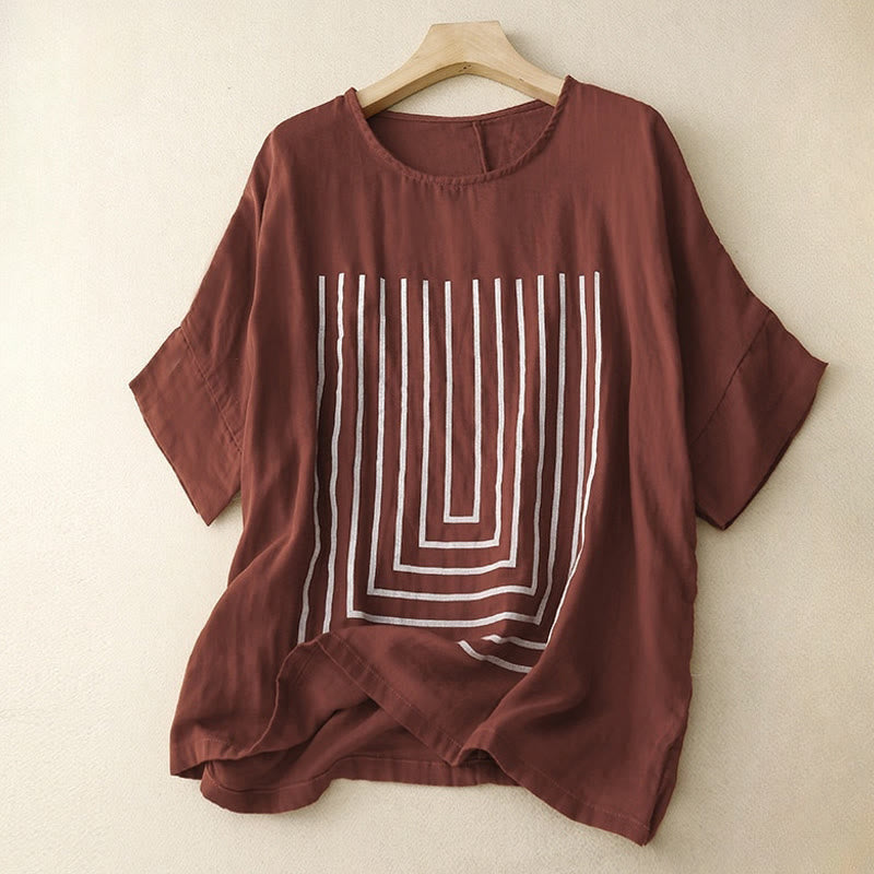 Buddha Stones Camiseta de lino y algodón de manga corta con estampado de líneas informales para mujer - Granate - US12, UK/AU16, EU44 (2XL) - image 7