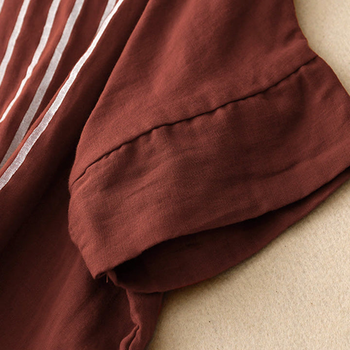 Buddha Stones Camiseta de lino y algodón de manga corta con estampado de líneas informales para mujer - image 9