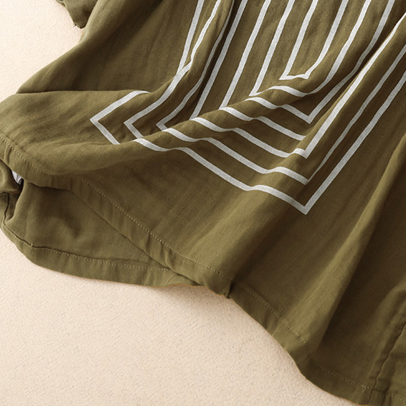 Buddha Stones Camiseta de lino y algodón de manga corta con estampado de líneas informales para mujer - image 2