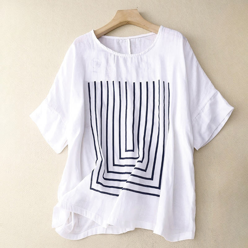 Buddha Stones Camiseta de lino y algodón de manga corta con estampado de líneas informales para mujer - Blanco - US12, UK/AU16, EU44 (2XL) - image 12