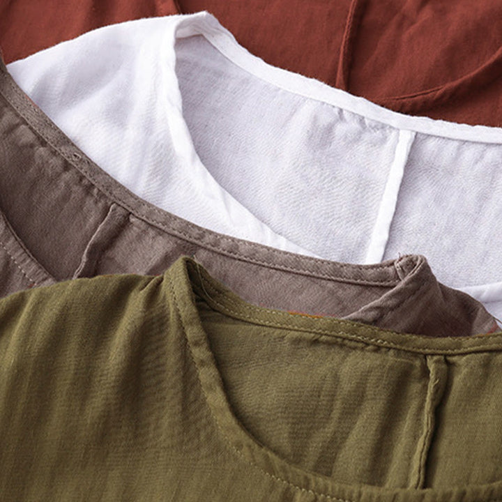 Buddha Stones Camiseta de lino y algodón de manga corta con estampado de líneas informales para mujer - image 22