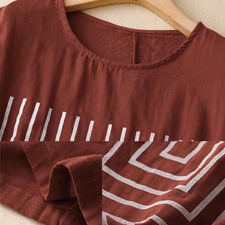 Buddha Stones Camiseta de lino y algodón de manga corta con estampado de líneas informales para mujer - image 8