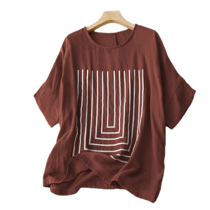 Buddha Stones Camiseta de lino y algodón de manga corta con estampado de líneas informales para mujer - image 11