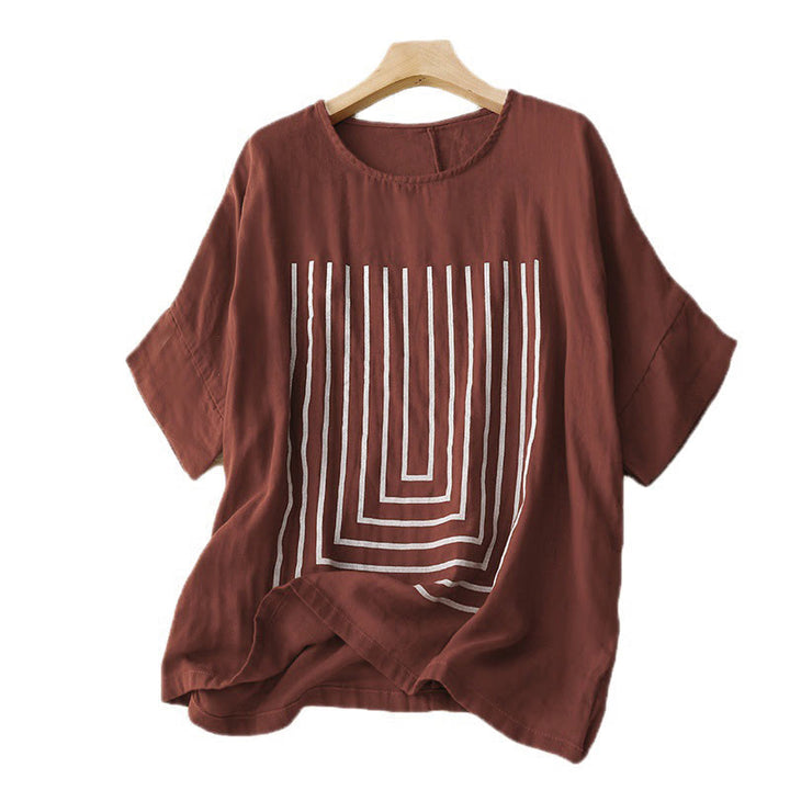 Buddha Stones Camiseta de lino y algodón de manga corta con estampado de líneas informales para mujer - image 11