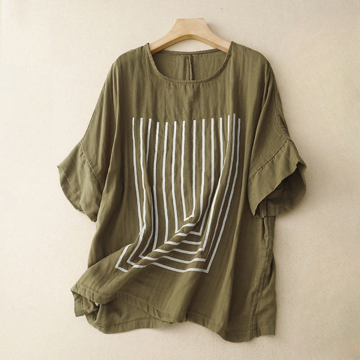 Buddha Stones Camiseta de lino y algodón de manga corta con estampado de líneas informales para mujer - Aceituna - US12, UK/AU16, EU44 (2XL) - image 0